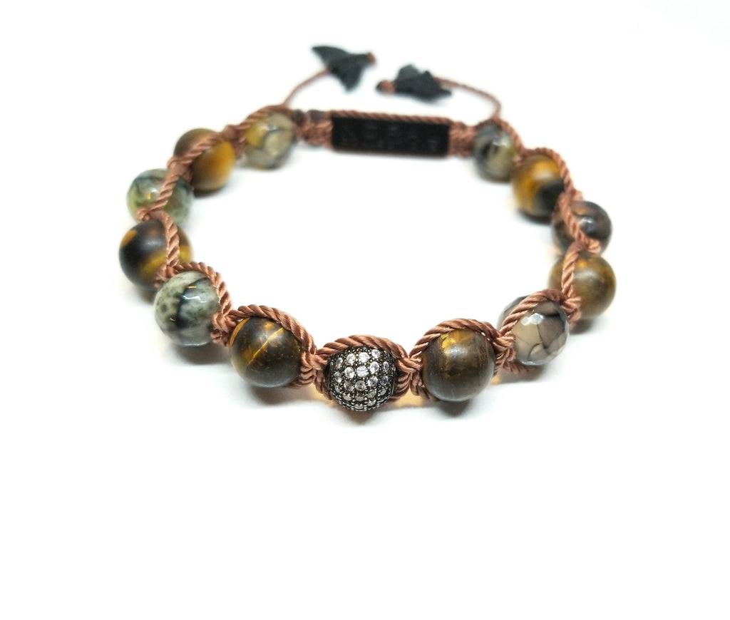 Matte Tiger eye with Crackle Agate and CZ Diamond Bracelet