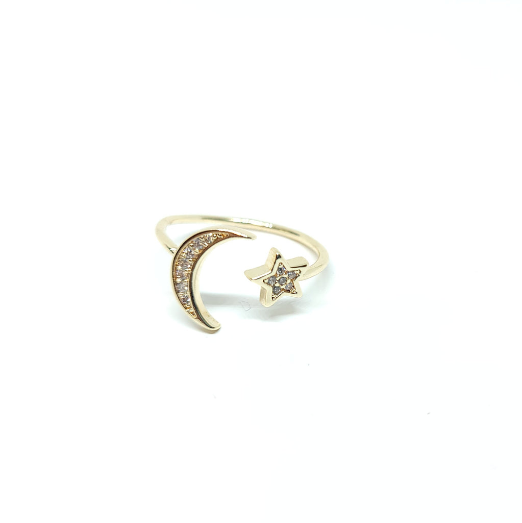 Crescent Moon and Star Open Ring