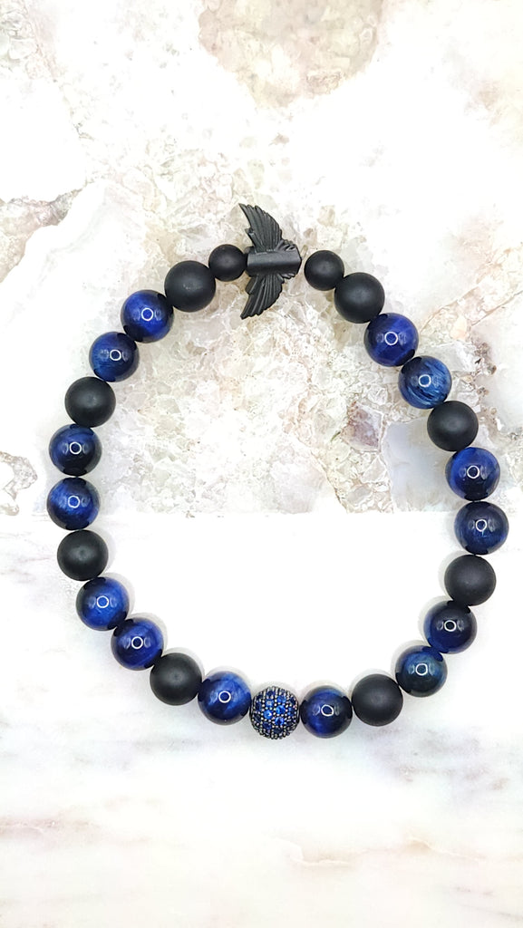 Beaded Bracelet with Blue Tiger Eye and Matte Onyx
