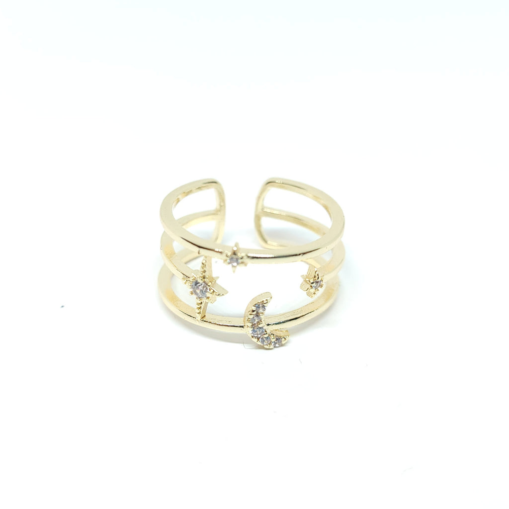 Three Row Crescent Moon & Star Ring