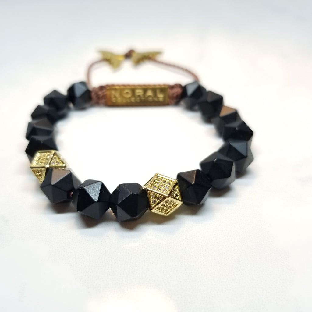 Diamond Cut  Black Onyx With Gold Cz Diamonds Bracelet