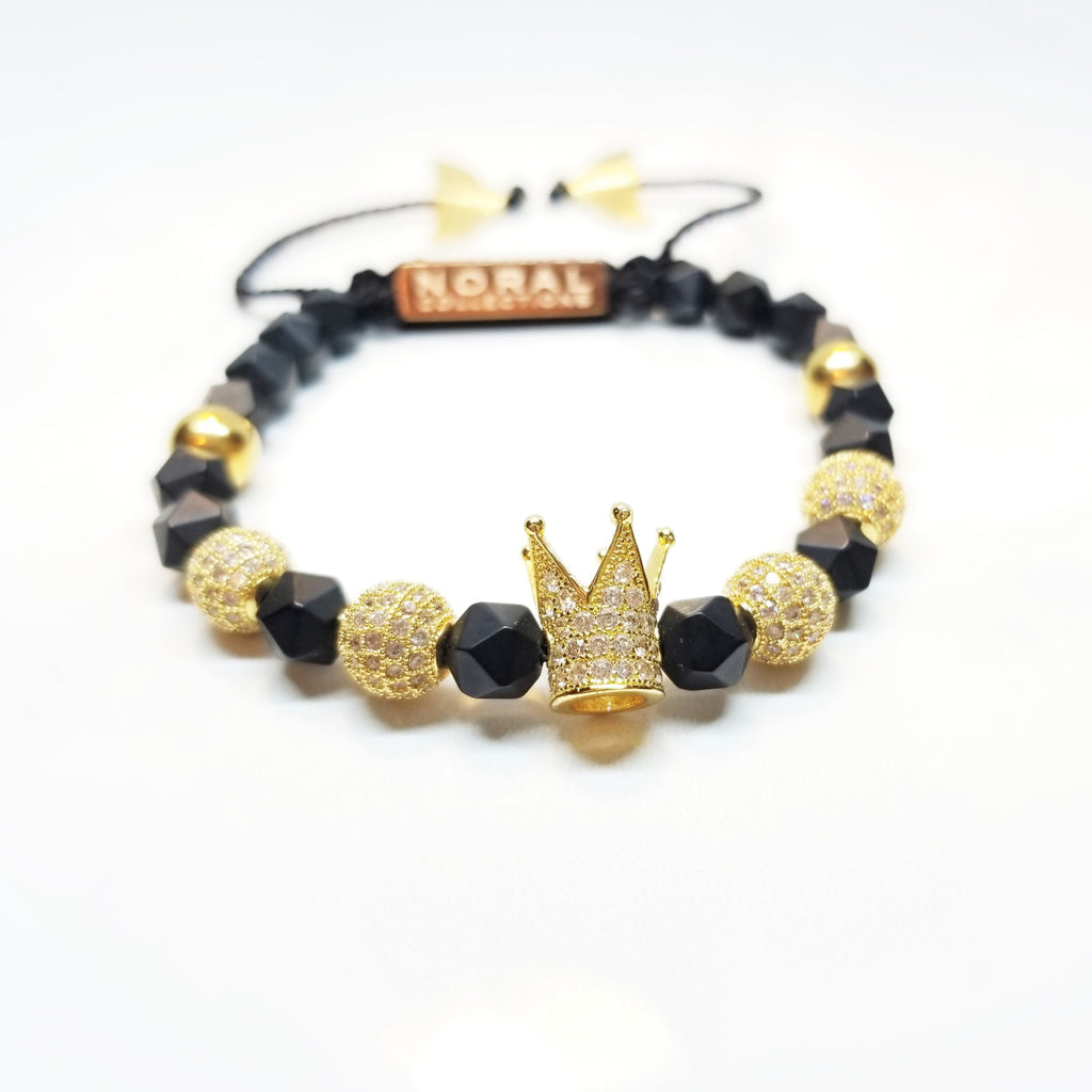 Black and Gold Diamond Cut Black Onyx Crown Bracelet